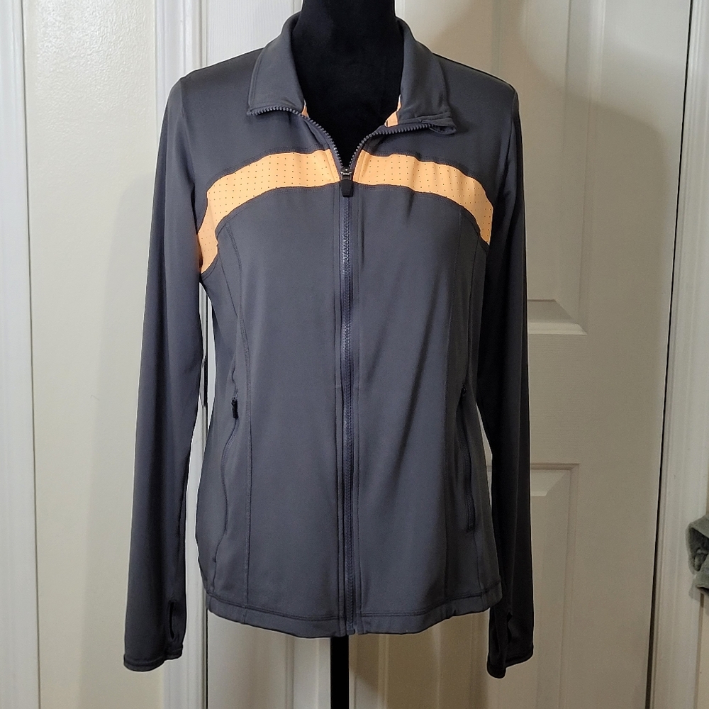Xersion Women Long Sleeves Track Jacket Full Zip Up Lightweight Grey/Peach L